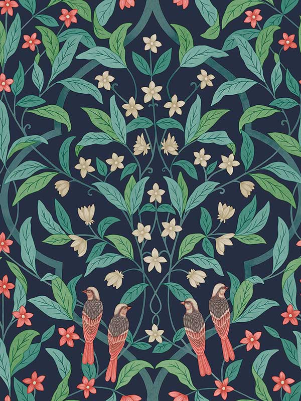 Jasmine and Serin Symphony wallpaper in coral petrol ink color - pattern number 117/10030.CS.0 - by Cole and Son in the Seville collection