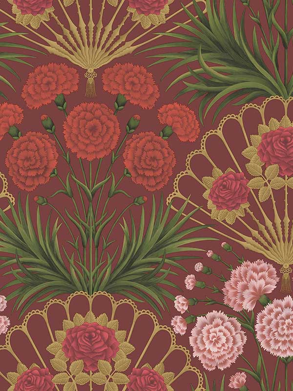 Flamenco Fan fabric in rose bright rouge med gold crimson color - pattern number 117/14046.CS.0 - by Cole and Son in the Seville collection