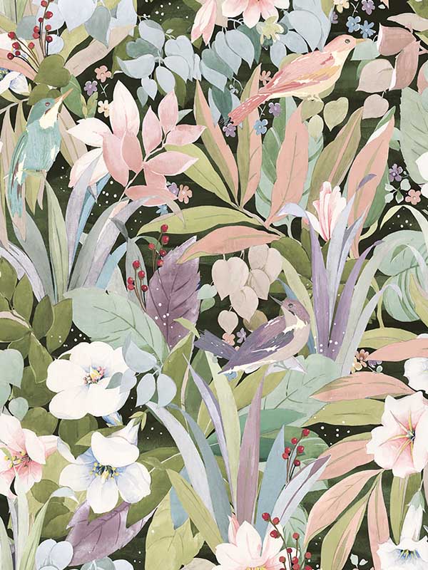 Blossoming Birds Peel and Stick wallpaper in forest and petal pink color - pattern number NW52505 - by NextWall in the Peel and Stick Wallpaper by Nextwall collection