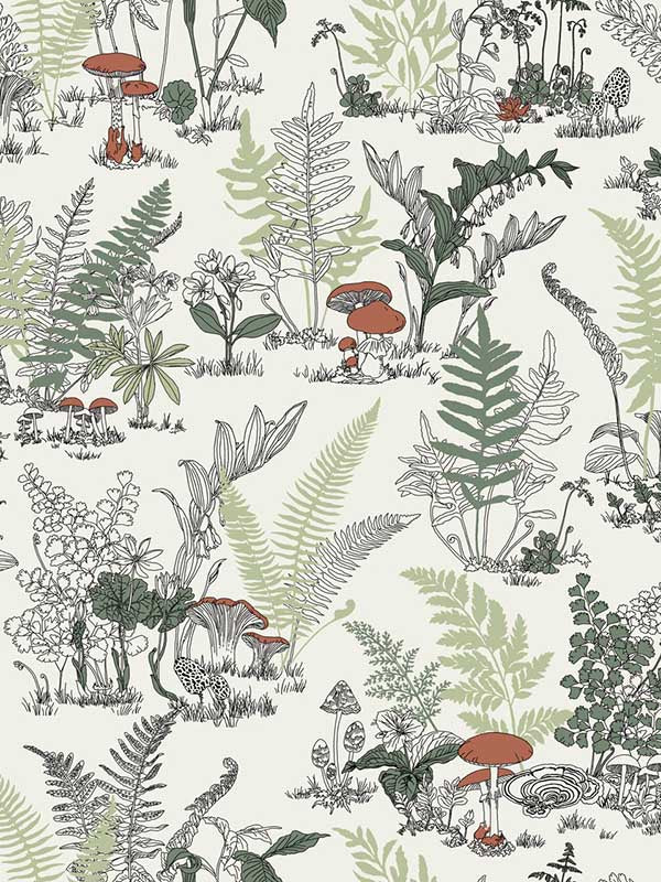 Mushroom Garden Toile wallpaper in red and green color - pattern number RT7891 - by York in the Toiles Resource Library collection