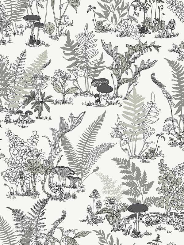 Mushroom Garden Toile wallpaper in black and grey color - pattern number RT7893 - by York in the Toiles Resource Library collection