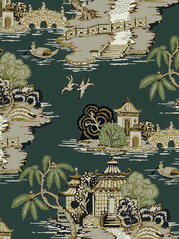 Pagoda And Sampan Scenic wallpaper in forest color - pattern number RT7903 - by York in the Toiles Resource Library collection