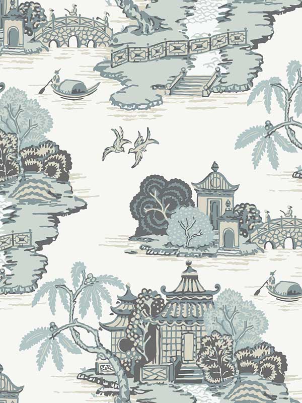 Pagoda And Sampan Scenic wallpaper in seamist color - pattern number RT7904 - by York in the Toiles Resource Library collection