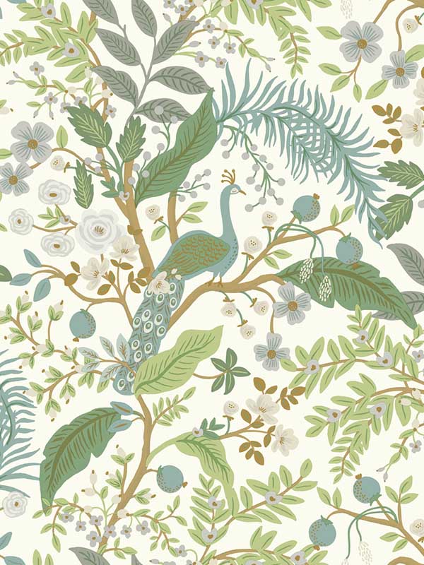 Peacock Garden Peel and Stick fabric in white color - pattern number PSW1539RL - by Rifle Paper Co in the Rifle Paper Co Third Edition Peel and Stick Wallpaper collection