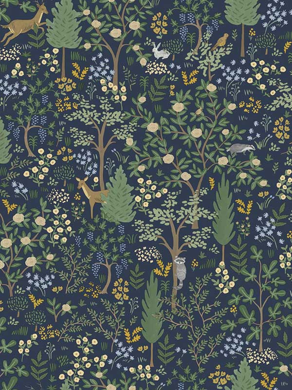Woodland Peel and Stick fabric in navy color - pattern number PSW1547RL - by Rifle Paper Co in the Rifle Paper Co Third Edition Peel and Stick Wallpaper collection