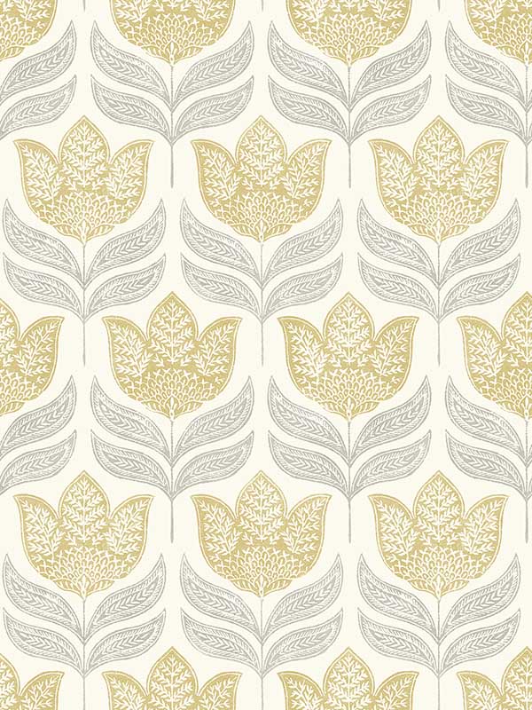 Cathal Tulip Block Print wallpaper in mustard color - pattern number 3125-72342 - by Chesapeake in the Kinfolk collection