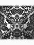 Gothic Damask Flock fabric in black and silver color - pattern number 104562 - by Graham and Brown in the Graham and Brown Collection collection