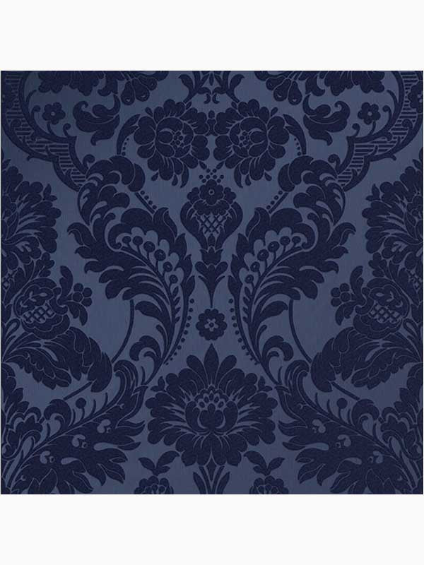 Gothic Damask Flock fabric in cobalt blue and black color - pattern number 104563 - by Graham and Brown in the Graham and Brown Collection collection