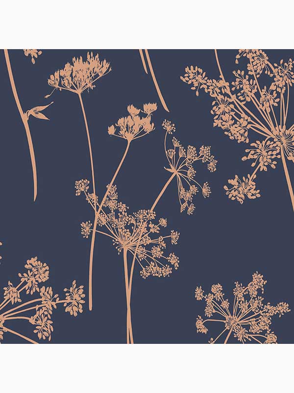 Anthriscus Floral wallpaper in dusk navy blue and copper color - pattern number 105581 - by Graham and Brown in the Graham and Brown Collection collection