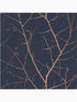 Boreas Trees Trail fabric in midnight navy blue and copper color - pattern number 107581 - by Graham and Brown in the Graham and Brown Collection collection