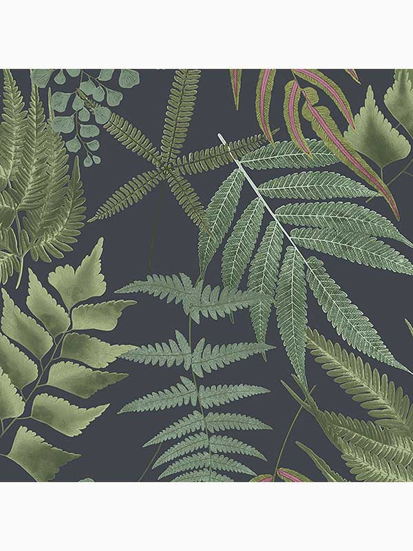 Midsummer Fern Tropical Leaves wallpaper in navy green color - pattern number 107881 - by Graham and Brown in the Graham and Brown Collection collection