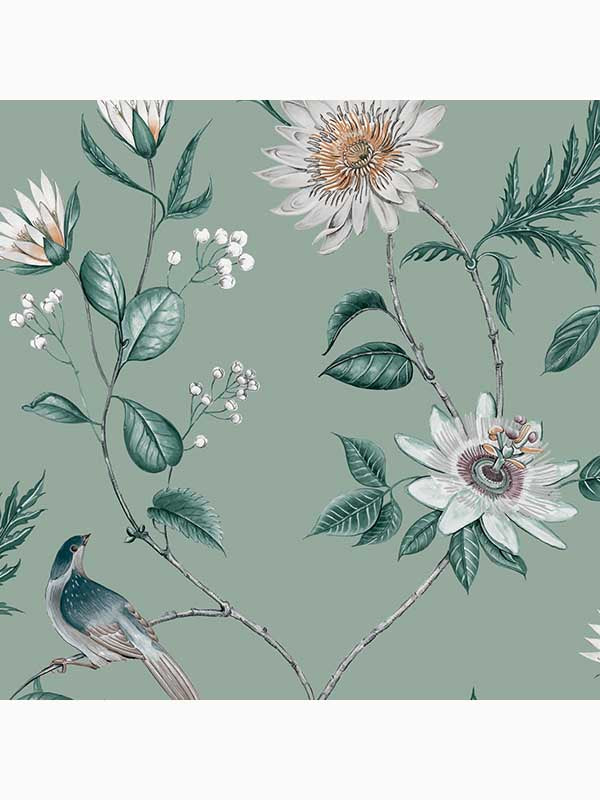 Nuit Floral Birds wallpaper in sage green color - pattern number 115046 - by Graham and Brown in the Graham and Brown Collection collection