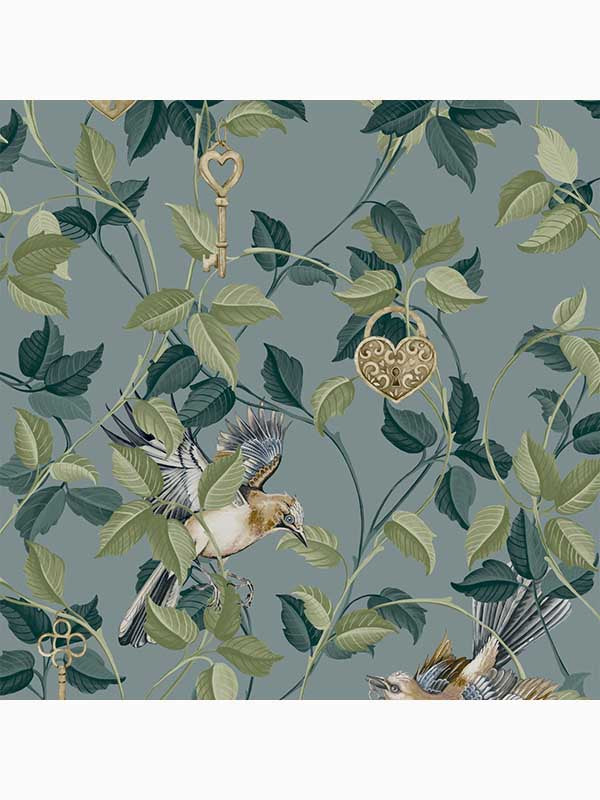 Lock and Key Leaves Tropical fabric in aqua blue color - pattern number 115050 - by Graham and Brown in the Graham and Brown Collection collection