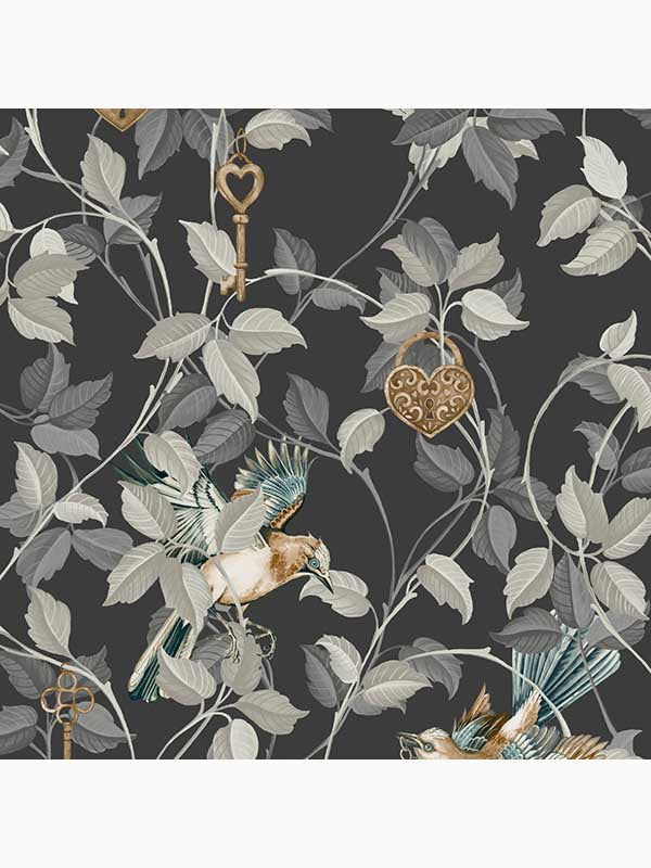 Lock and Key Leaves Tropical fabric in charcoal black color - pattern number 115051 - by Graham and Brown in the Graham and Brown Collection collection