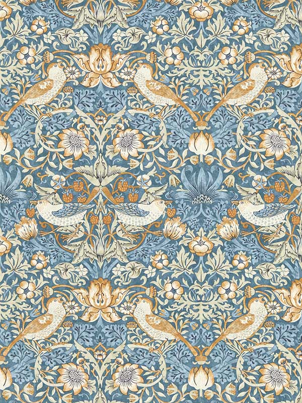 Strawberry Thief fabric in denim color - pattern number W0171/02.CAC.0 - by Clarke and Clarke in the William Morris Wallcovering collection