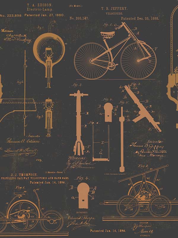 Patents fabric in black and white orange color - pattern number WP20048 - by Mind the Gap in the Designer Collection I collection