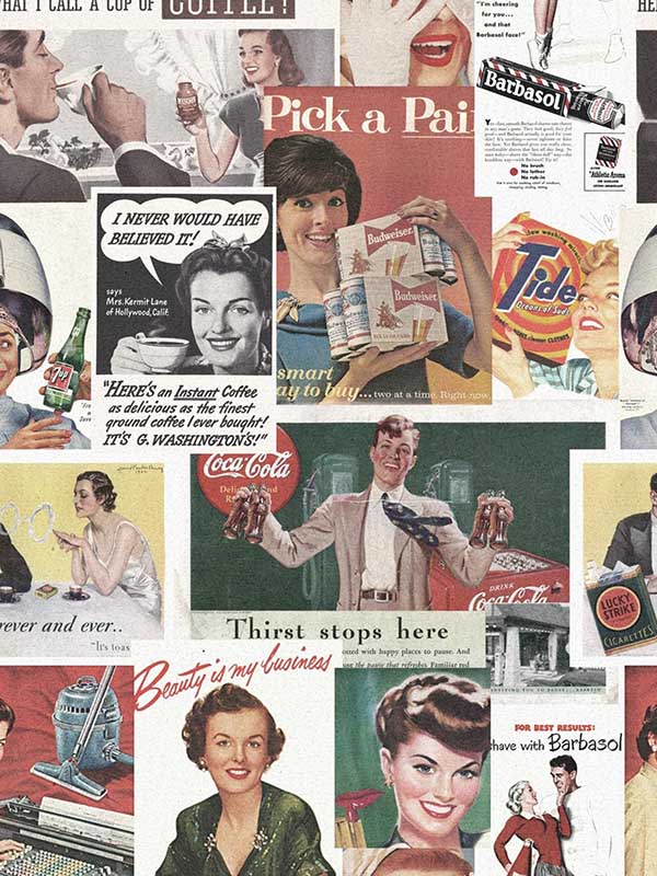 Retro Ads fabric in full pallette color - pattern number WP20069 - by Mind the Gap in the Designer Collection I collection