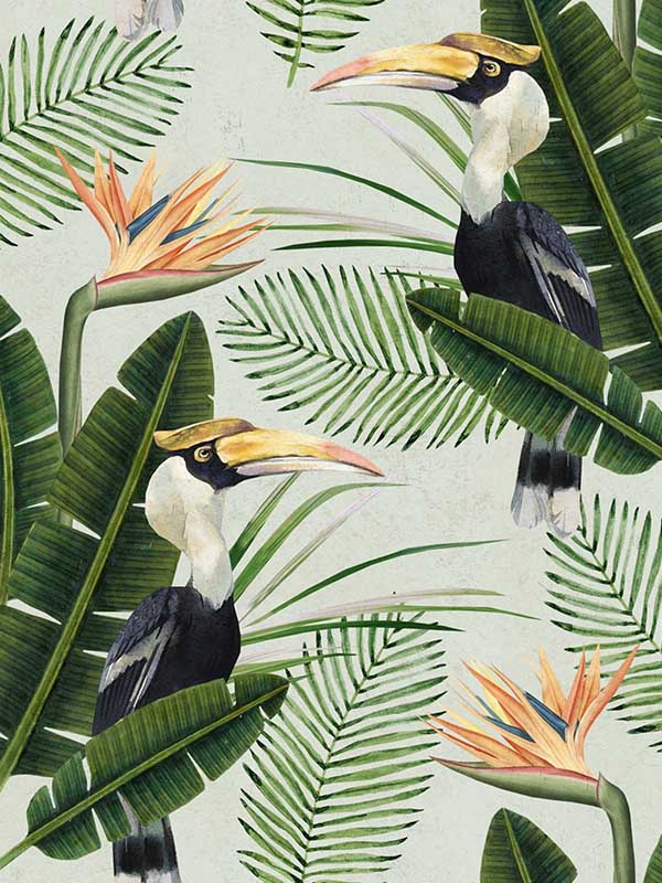 Birds Of Paradise wallpaper in green orange black and white color - pattern number WP20092 - by Mind the Gap in the Designer Collection I collection