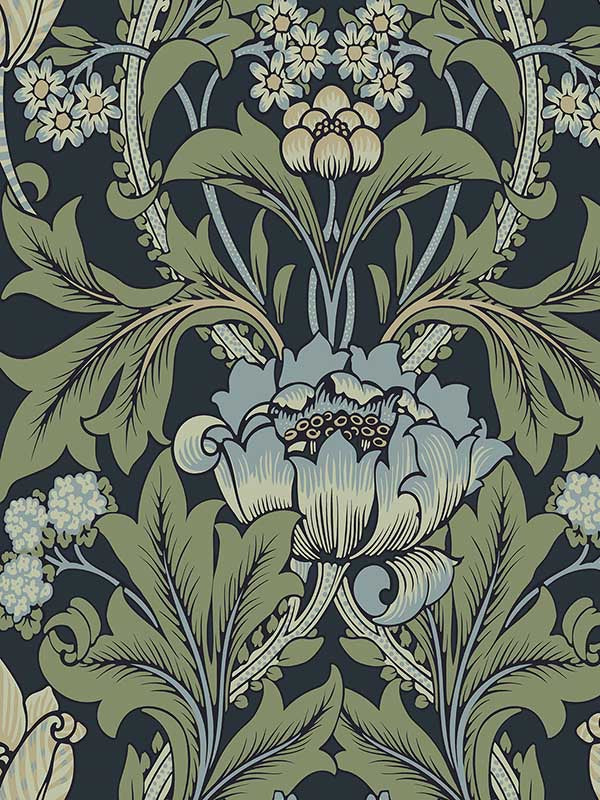 Primrose Garden fabric in midnight blue and sage color - pattern number ET13112 - by Seabrook in the Etten Gallerie Online collection