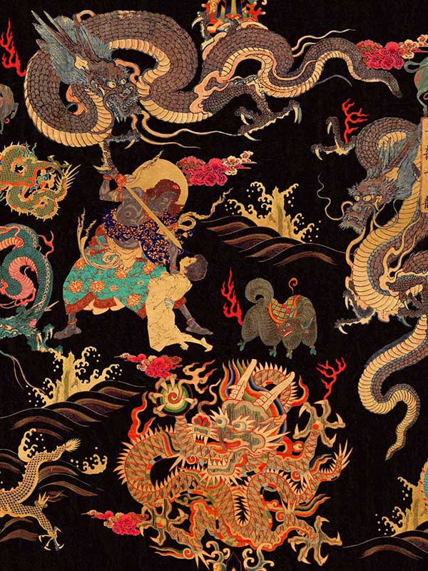 Dragons Of Tibet wallpaper in red gold black color - pattern number WP20425 - by Mind the Gap in the Compendium collection