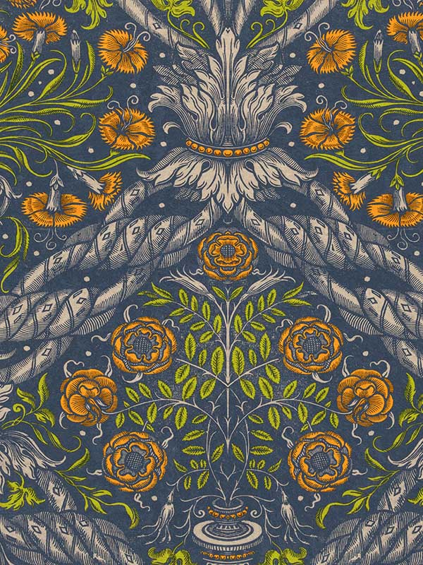 Floral Ornament wallpaper in blue green orange color - pattern number WP20453 - by Mind the Gap in the Compendium collection