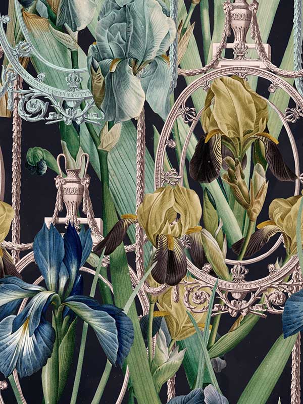 Fleurs DIris wallpaper in anthracite blue green yellow color - pattern number WP20477 - by Mind the Gap in the Compendium collection