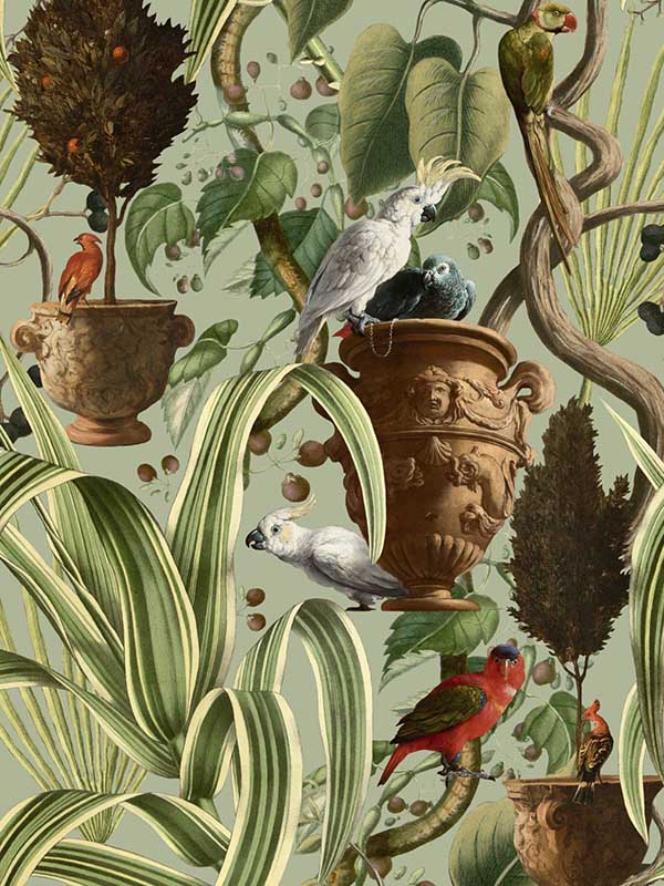 Exotic Menagerie wallpaper in light green brown red color - pattern number WP20516 - by Mind the Gap in the Compendium collection