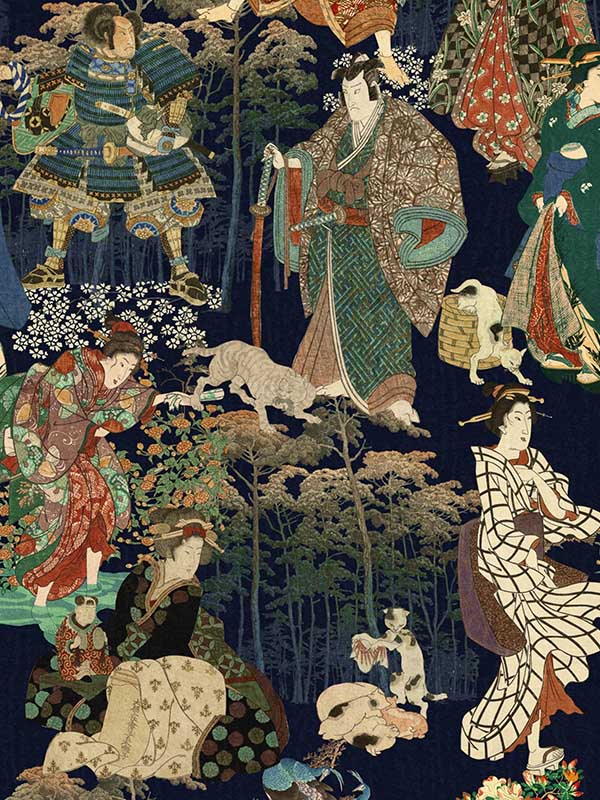 Samurai And Geisha wallpaper in anthracite green red brown color - pattern number WP20653 - by Mind the Gap in the Compendium Volume 2 collection