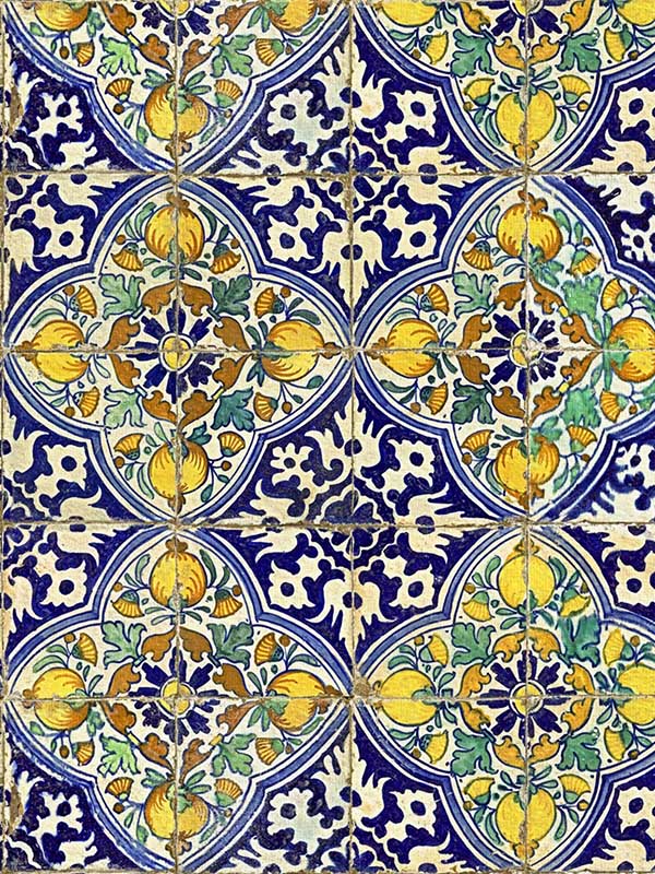 Sardegna Tiles fabric in indigo green yellow taupe color - pattern number WP20574 - by Mind the Gap in the Sundance Villa collection