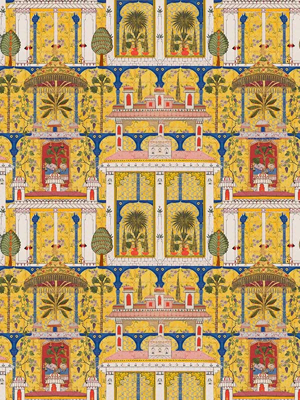 Majorelle Garden wallpaper in yellow blue pink green color - pattern number WP20749 - by Mind the Gap in the Tales of Maghreb collection