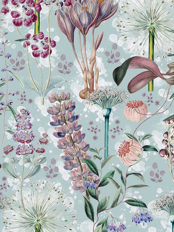 Garden Of Eden fabric in aquamarine color - pattern number WP20325 - by Mind the Gap in the Wallpaper Collectables collection