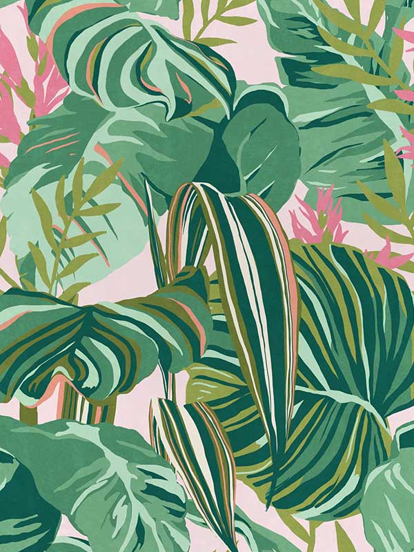 Tropical Foliage wallpaper in green pink color - pattern number WP20367 - by Mind the Gap in the Wallpaper Collectables collection