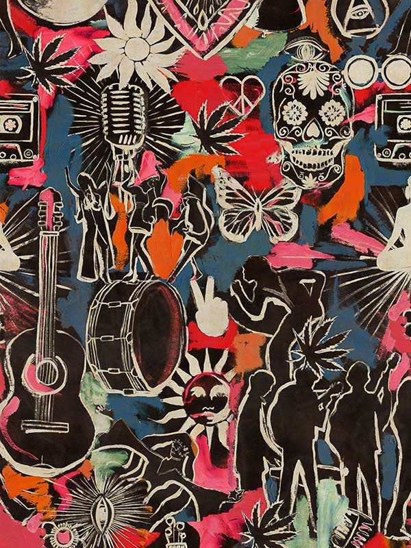 Festival Memories wallpaper in dark black pink blue taupe color - pattern number WP20612 - by Mind the Gap in the Woodstock collection