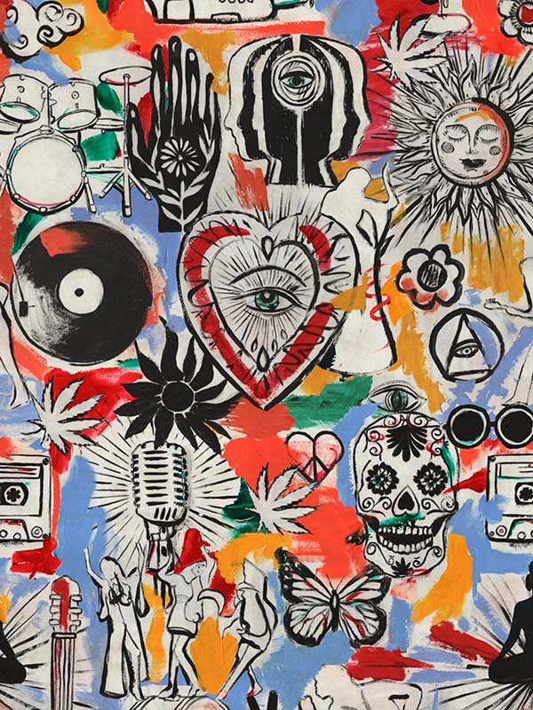Festival Memories wallpaper in red pink orange blue taupe color - pattern number WP20613 - by Mind the Gap in the Woodstock collection