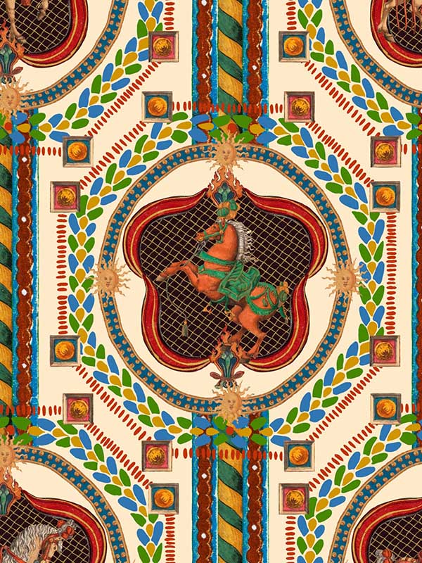 Venetian Ornament wallpaper in taupe blue red teal yellow green color - pattern number WP20769 - by Mind the Gap in the Orient Express collection
