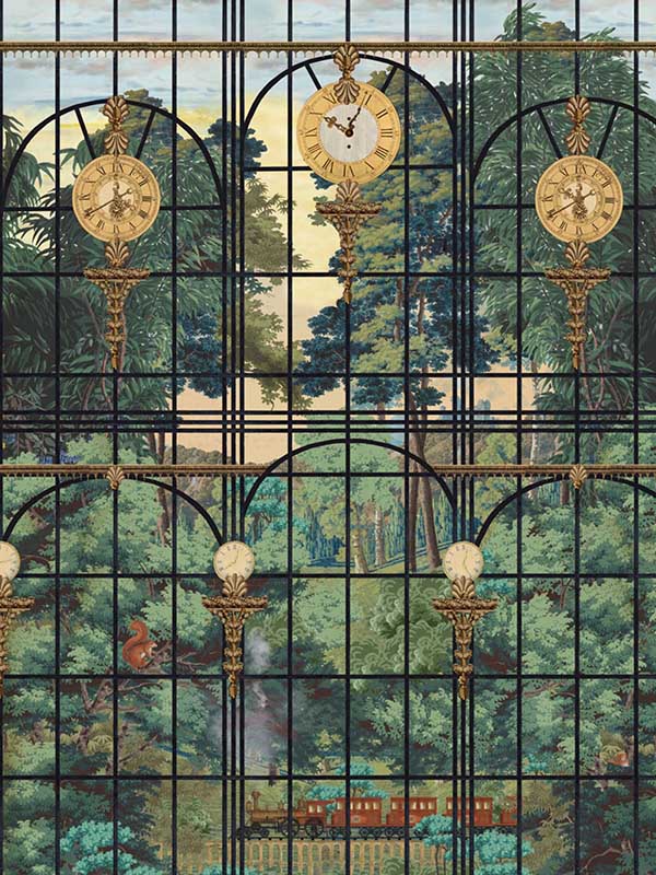 The Station View wallpaper in green blue gold red brown color - pattern number WP20783 - by Mind the Gap in the Orient Express collection