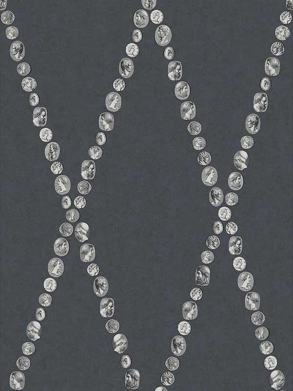 Cammei wallpaper in silver on ink color - pattern number 123/4017.CS.0 - by Cole and Son in the Fornasetti Senza Tempo II collection