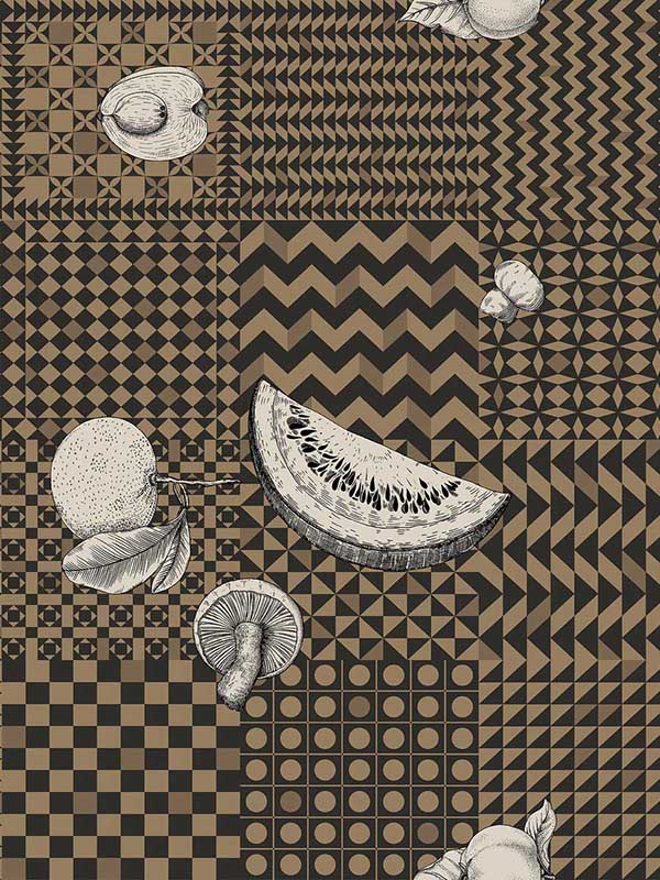 Frutta E Geometrico wallpaper in gold color - pattern number 123/6031.CS.0 - by Cole and Son in the Fornasetti Senza Tempo II collection
