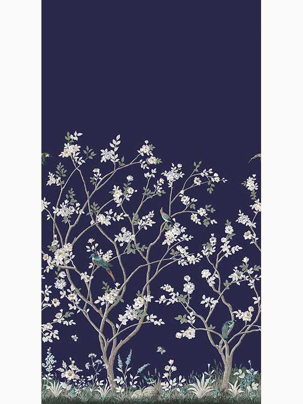 Lingering Garden mural in navy color - pattern number MU0315M - by Ronald Redding in the Classics collection
