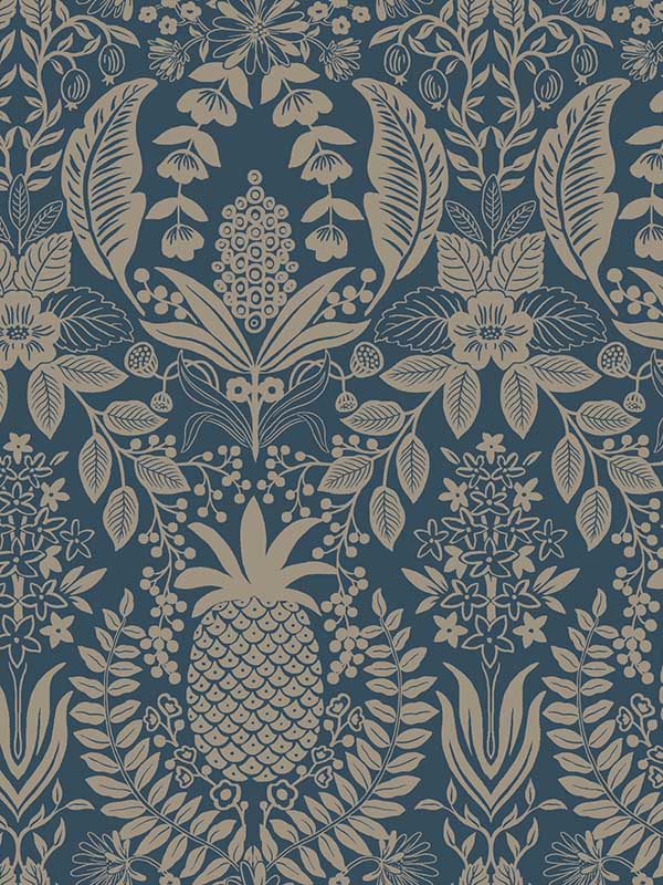 Pineapple Damask fabric in navy color - pattern number RF7486 - by Rifle Paper Co in the Rifle Paper Co Third Edition collection