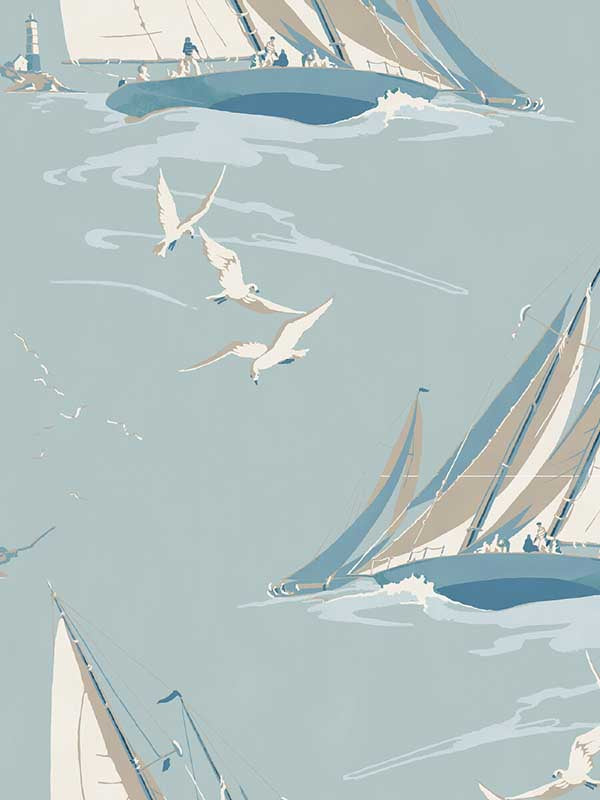 Round The Island fabric in blue color - pattern number FG094.H101.0 - by Mulberry Home in the Icons Wallpaper collection
