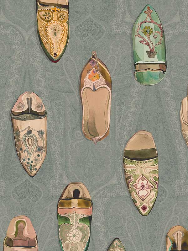 Babouches wallpaper in teal color - pattern number FG096.R11.0 - by Mulberry Home in the Icons Wallpaper collection