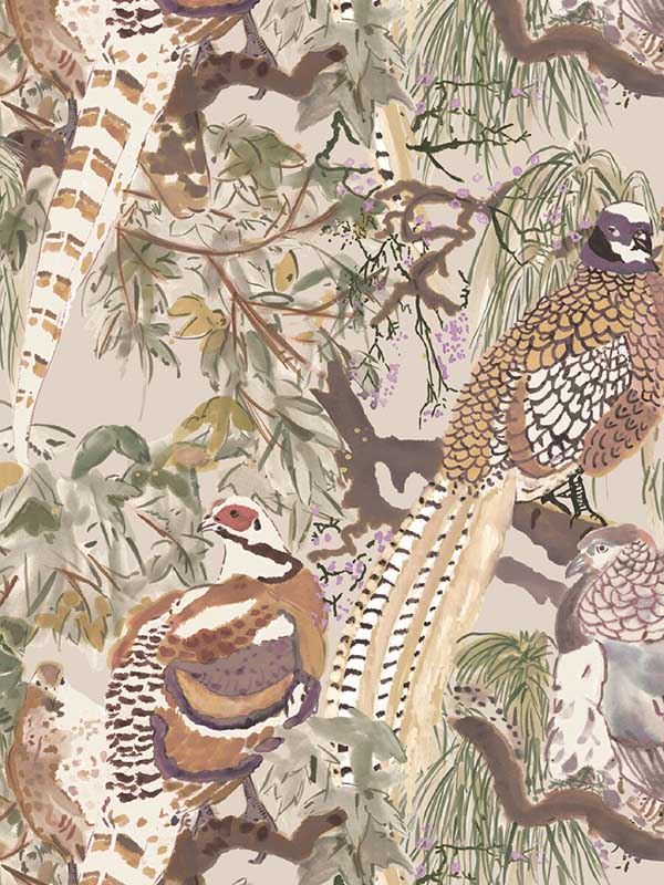 Game Birds fabric in antique color - pattern number FG101.J52.0 - by Mulberry Home in the Icons Wallpaper collection