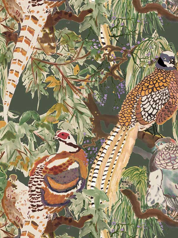 Game Birds fabric in forest color - pattern number FG101.R102.0 - by Mulberry Home in the Icons Wallpaper collection