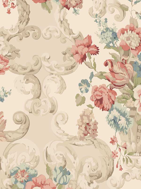 Floral Rococo wallpaper in red green color - pattern number FG103.V117.0 - by Mulberry Home in the Icons Wallpaper collection