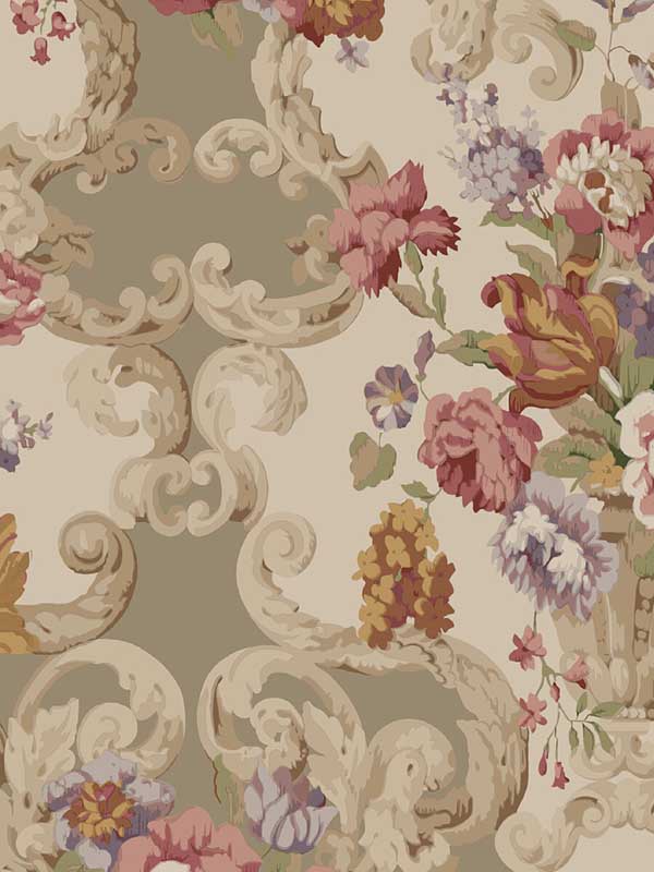 Floral Rococo wallpaper in red plum color - pattern number FG103.V54.0 - by Mulberry Home in the Icons Wallpaper collection