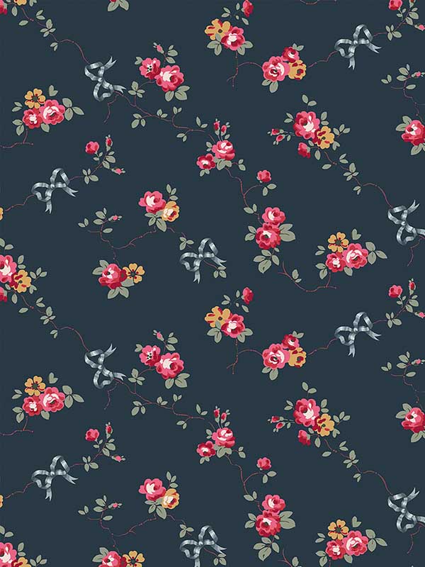 Rose and Bows fabric in navy color - pattern number 125512 - by Graham and Brown in the Cath Kidston Collection collection