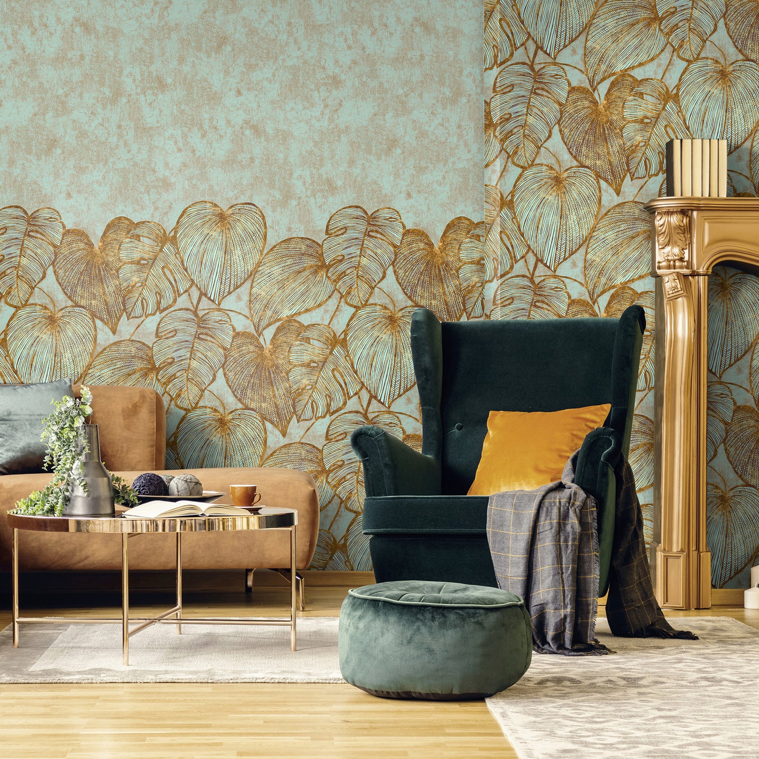 Monstera Twinwall mural in blue color - pattern number GH26981-23 - by Galerie in the Julie Feels Home collection