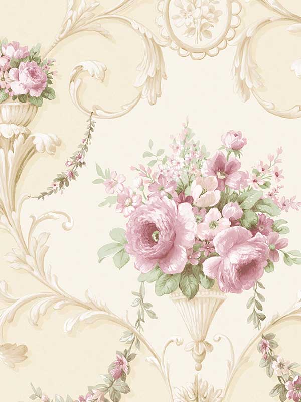 In register Ornamental Floral wallpaper in cream pink green color - pattern number CI38230 - by Patton Norwall in the Classic Impressions collection