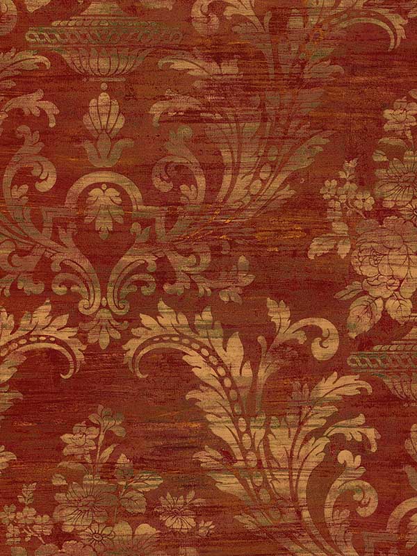 Sari Damask wallpaper in pale gold red green color - pattern number CI38259 - by Patton Norwall in the Classic Impressions collection